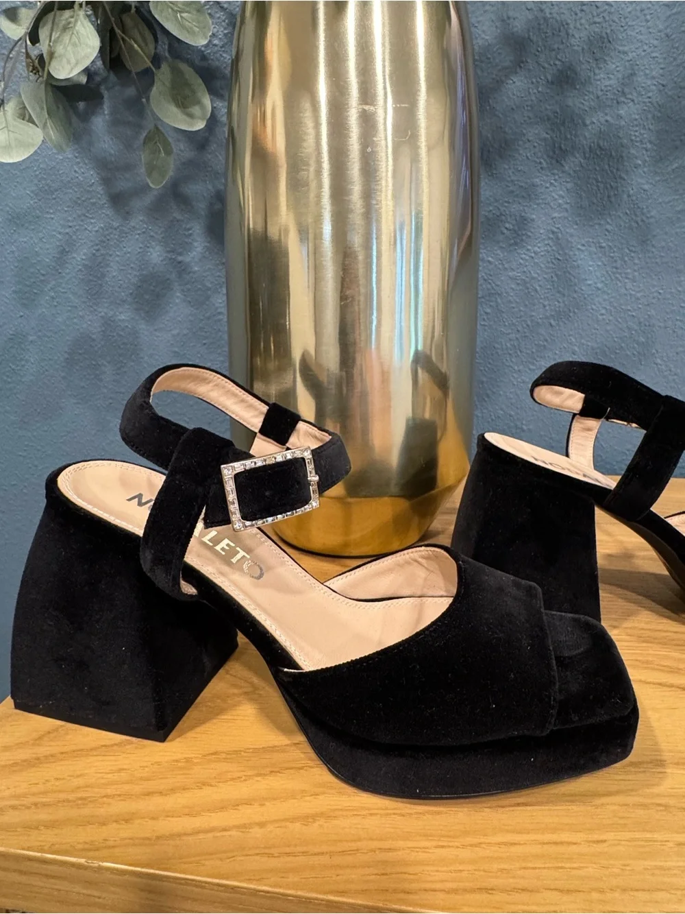 Nodaleto Black Velvet Platform Sandals Crystal Buckle EU 40 | New Without Box